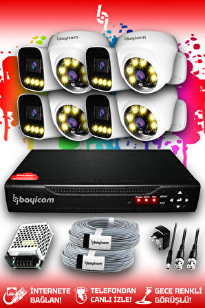 BAYICAM 8 Kameralı Zebra 4 İç Kamera Set HDD'siz Full HD Renkli Gece Görüşlü Güvenlik Kamerası Sistemi