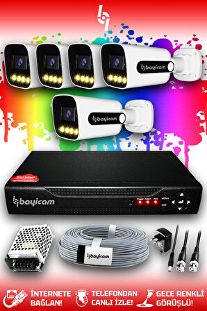 BAYICAM 5 Kameralı Zebra 5 Dış Kamera Set HDD'siz Full HD Renkli Gece Görüşlü Güvenlik Kamerası Sistemi