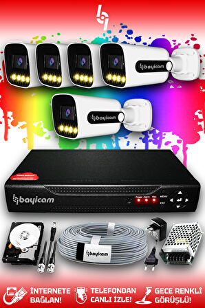BAYICAM 5 Kameralı Zebra 5 Dış Kamera Set 100 GB HDD Full HD Renkli Gece Görüşlü Güvenlik Kamerası Sistemi