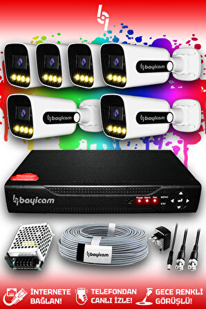 BAYICAM 6 Kameralı Zebra 6 Dış Kamera Set HDD'siz Full HD Renkli Gece Görüşlü Güvenlik Kamerası Sistemi