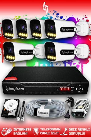 BAYICAM 6 Kameralı Zebra 6 Dış Kamera Set 100 GB HDD Full HD Renkli Gece Görüşlü Güvenlik Kamerası Sistemi