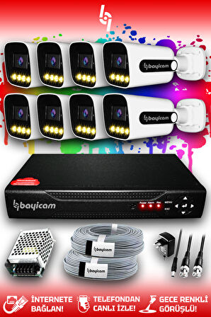 BAYICAM 8 Kameralı Zebra 8 Dış Kamera Set HDD'siz Full HD Renkli Gece Görüşlü Güvenlik Kamerası Sistemi
