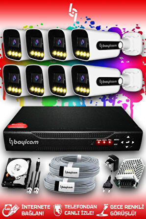 BAYICAM 8 Kameralı Zebra 8 Dış Kamera Set 100 GB HDD Full HD Renkli Gece Görüşlü Güvenlik Kamerası Sistemi