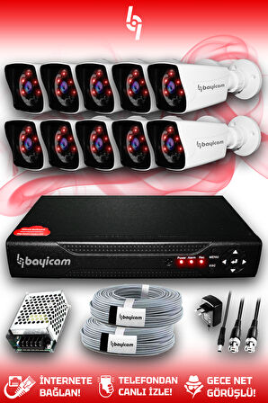 BAYICAM 10 Kameralı Kare 10 Dış Kamera Set HDD'siz Full HD Gece Görüşlü Güvenlik Kamerası Sistemi