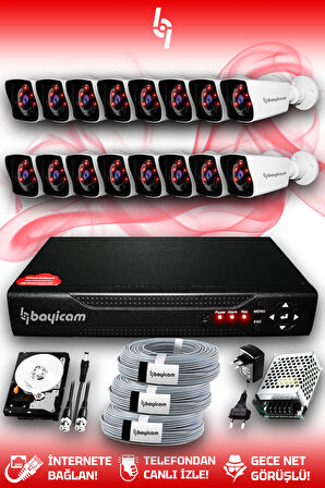 BAYICAM 16 Kameralı Kare 16 Dış Kamera Set 100 GB HDD Full HD Gece Görüşlü Güvenlik Kamerası Sistemi