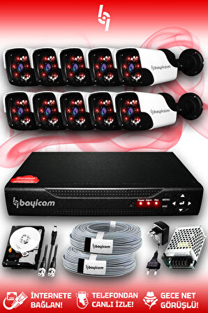 BAYICAM 10 Kameralı Panda 10 Dış Kamera Set 250 GB HDD Full HD Gece Görüşlü Güvenlik Kamerası Sistemi