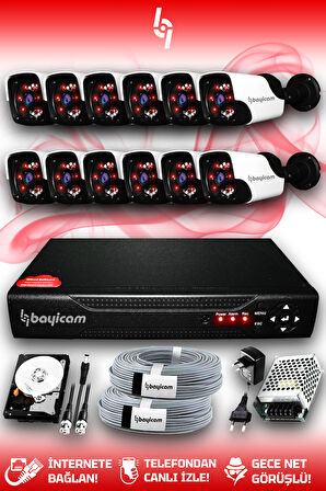 BAYICAM 12 Kameralı Panda 12 Dış Kamera Set 100 GB HDD Full HD Gece Görüşlü Güvenlik Kamerası Sistemi