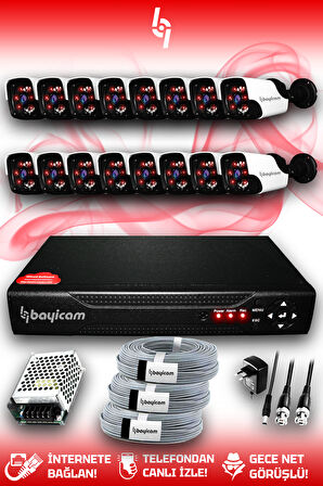 BAYICAM 16 Kameralı Panda 16 Dış Kamera Set HDD'siz Full HD Gece Görüşlü Güvenlik Kamerası Sistemi