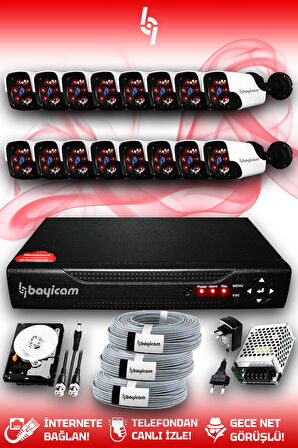 BAYICAM 16 Kameralı Panda 16 Dış Kamera Set 100 GB HDD Full HD Gece Görüşlü Güvenlik Kamerası Sistemi