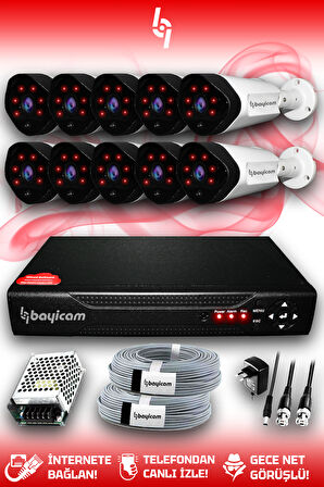 BAYICAM 10 Kameralı Uzay 10 Dış Kamera Set HDD'siz Full HD Gece Görüşlü Güvenlik Kamerası Sistemi