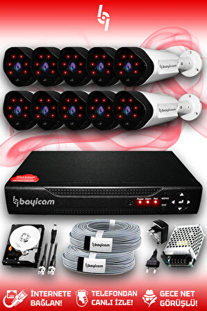 BAYICAM 10 Kameralı Uzay 10 Dış Kamera Set 100 GB HDD Full HD Gece Görüşlü Güvenlik Kamerası Sistemi