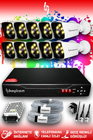 BAYICAM 10 Kameralı Kare 10 Dış Kamera Set HDD'siz Full HD Renkli Gece Görüşlü Güvenlik Kamerası Sistemi