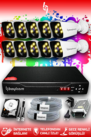 BAYICAM 10 Kameralı Kare 10 Dış Kamera Set 100 GB HDD Full HD Renkli Gece Görüşlü Güvenlik Kamerası Sistemi
