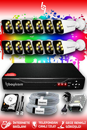 BAYICAM 12 Kameralı Kare 12 Dış Kamera Set 320 GB HDD Full HD Renkli Gece Görüşlü Güvenlik Kamerası Sistemi