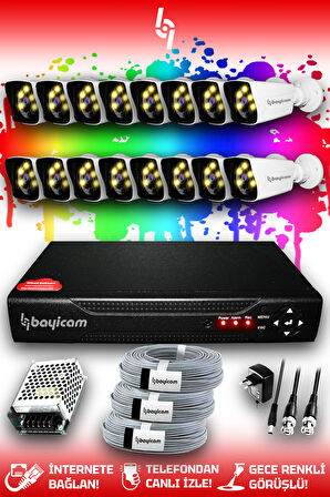 BAYICAM 16 Kameralı Kare 16 Dış Kamera Set HDD'siz Full HD Renkli Gece Görüşlü Güvenlik Kamerası Sistemi