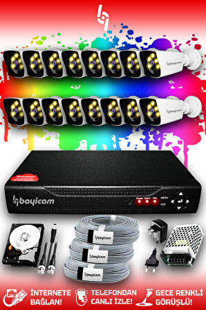 BAYICAM 16 Kameralı Kare 16 Dış Kamera Set 320 GB HDD Full HD Renkli Gece Görüşlü Güvenlik Kamerası Sistemi