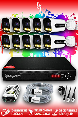 BAYICAM 10 Kameralı Zebra 10 Dış Kamera Set HDD'siz Full HD Renkli Gece Görüşlü Güvenlik Kamerası Sistemi