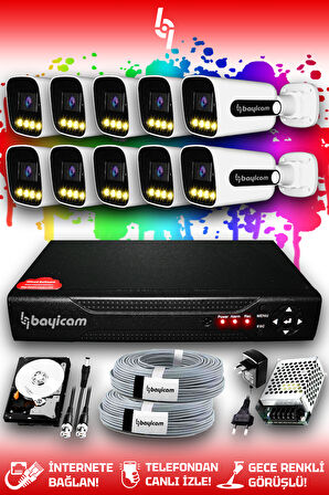 BAYICAM 10 Kameralı Zebra 10 Dış Kamera Set 100 GB HDD Full HD Renkli Gece Görüşlü Güvenlik Kamerası Sistemi