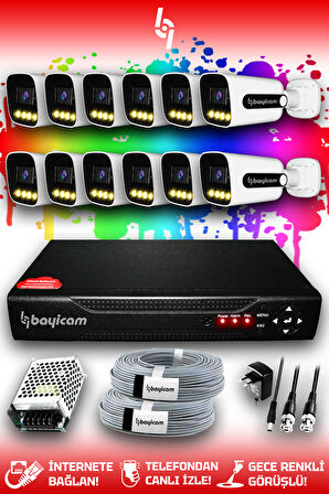 BAYICAM 12 Kameralı Zebra 12 Dış Kamera Set HDD'siz Full HD Renkli Gece Görüşlü Güvenlik Kamerası Sistemi