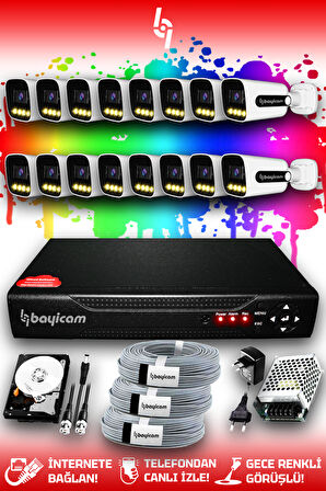 BAYICAM 16 Kameralı Zebra 16 Dış Kamera Set 250 GB HDD Full HD Renkli Gece Görüşlü Güvenlik Kamerası Sistemi