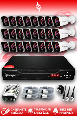 BAYICAM 24 Kameralı Kare 24 Dış Kamera Set HDD'siz Full HD Gece Görüşlü Güvenlik Kamerası Sistemi