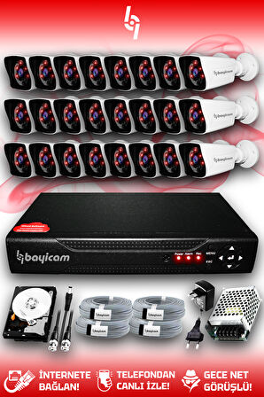 BAYICAM 24 Kameralı Kare 24 Dış Kamera Set 320 GB HDD Full HD Gece Görüşlü Güvenlik Kamerası Sistemi