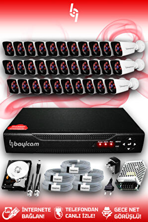 BAYICAM 32 Kameralı Kare 32 Dış Kamera Set 500 GB HDD Full HD Gece Görüşlü Güvenlik Kamerası Sistemi