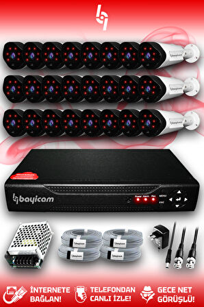 BAYICAM 24 Kameralı Uzay 24 Dış Kamera Set HDD'siz Full HD Gece Görüşlü Güvenlik Kamerası Sistemi