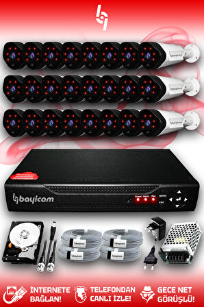 BAYICAM 24 Kameralı Uzay 24 Dış Kamera Set 100 GB HDD Full HD Gece Görüşlü Güvenlik Kamerası Sistemi