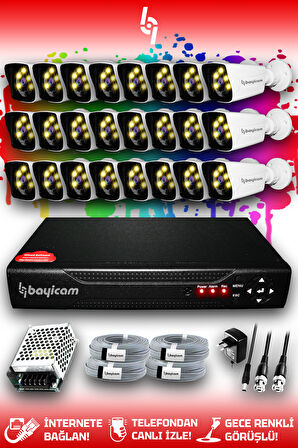 BAYICAM 24 Kameralı Kare 24 Dış Kamera Set HDD'siz Full HD Renkli Gece Görüşlü Güvenlik Kamerası Sistemi