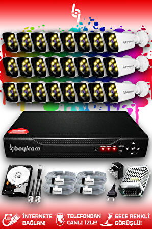 BAYICAM 24 Kameralı Kare 24 Dış Kamera Set 2 TB HDD Full HD Renkli Gece Görüşlü Güvenlik Kamerası Sistemi