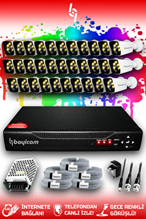 BAYICAM 32 Kameralı Kare 32 Dış Kamera Set HDD'siz Full HD Renkli Gece Görüşlü Güvenlik Kamerası Sistemi