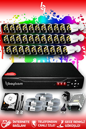 BAYICAM 32 Kameralı Kare 32 Dış Kamera Set 2 TB HDD Full HD Renkli Gece Görüşlü Güvenlik Kamerası Sistemi