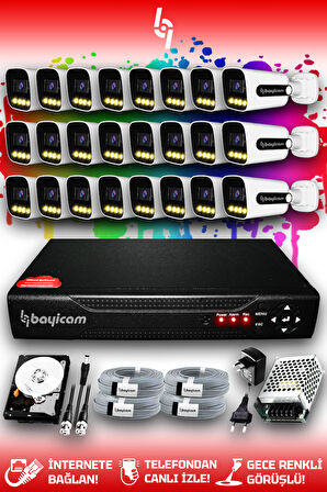 BAYICAM 24 Kameralı Zebra 24 Dış Kamera Set 1 TB HDD Full HD Renkli Gece Görüşlü Güvenlik Kamerası Sistemi