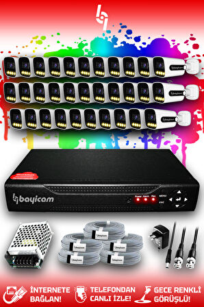 BAYICAM 32 Kameralı Zebra 32 Dış Kamera Set HDD'siz Full HD Renkli Gece Görüşlü Güvenlik Kamerası Sistemi