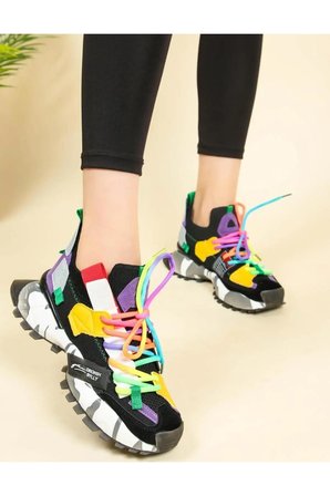 24Y303-1 Kadın Renkli Premium Sneaker Spor Ayakkabı SİYAH