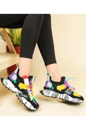 24Y303-1 Kadın Renkli Premium Sneaker Spor Ayakkabı SİYAH