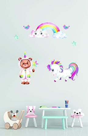 Bizerk Görsel Sevimli Unicorn ve Gökkuşağı Çocuk Odası Kreş Anaokulu Duvar Yapışkanı Sticker