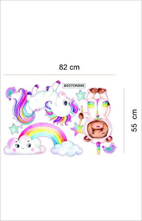 Bizerk Görsel Sevimli Unicorn ve Gökkuşağı Çocuk Odası Kreş Anaokulu Duvar Yapışkanı Sticker