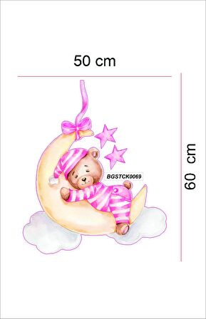 Bizerk Görsel Pembe Pijamalı Ayda Uyuyan Ayıcık  Çocuk/Bebek Odası Kreş Anaokulu Duvar Sticker