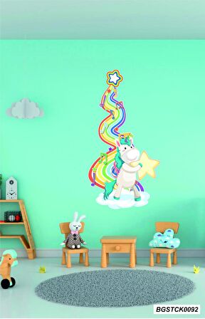 Bizerk Görsel Gökkuşağı Unicorn Tek Boynuzlu At Yıldız Bebek/Çocuk Odası Duvar Kapı Cam Sticker Seti