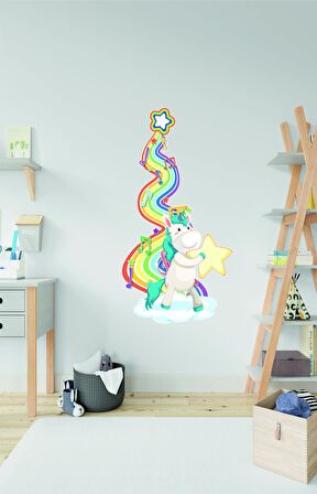 Bizerk Görsel Gökkuşağı Unicorn Tek Boynuzlu At Yıldız Bebek/Çocuk Odası Duvar Kapı Cam Sticker Seti