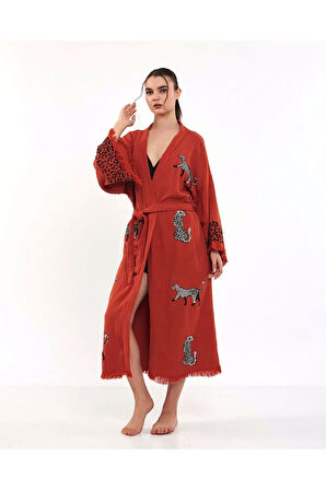 Müslin Kimono %100 Pamuklu Leopar Desenli Bornoz Kaftan Sabahlık