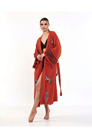 Müslin Kimono %100 Pamuklu Leopar Desenli Bornoz Kaftan Sabahlık