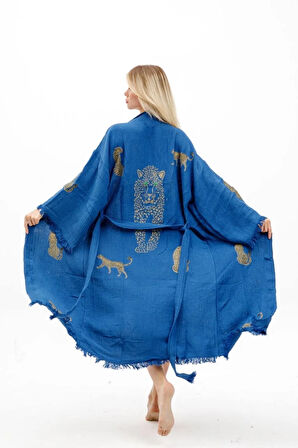 Müslin Kimono %100 Pamuklu Leopar Baskılı Desenli Bornoz Kaftan Sabahlık