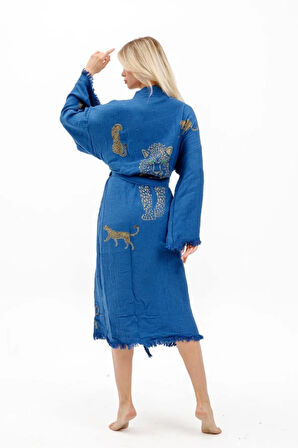 Müslin Kimono %100 Pamuklu Leopar Baskılı Desenli Bornoz Kaftan Sabahlık