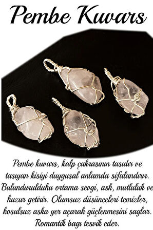 Sertifikalı Ham Işlenmemiş Tel Sargılı Doğal Açık Pembe Kuvars Taşı Kolye