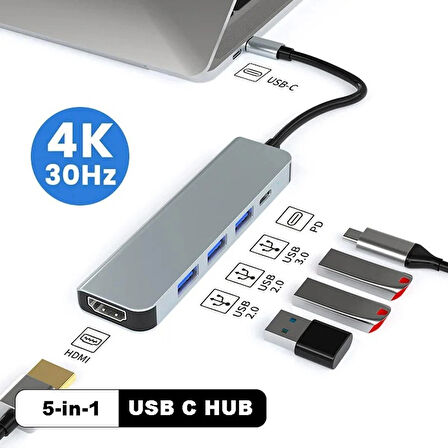 5in1 Type-c to USB Hub 5 Port Çoklayıcı Laptop Macbook Air için Uyumlu Çoğaltıcı USB 3.0/HDMI/TYPE-C