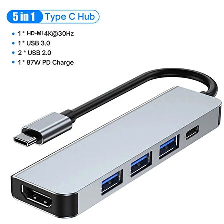 5in1 Type-c to USB Hub 5 Port Çoklayıcı Laptop Macbook Air için Uyumlu Çoğaltıcı USB 3.0/HDMI/TYPE-C