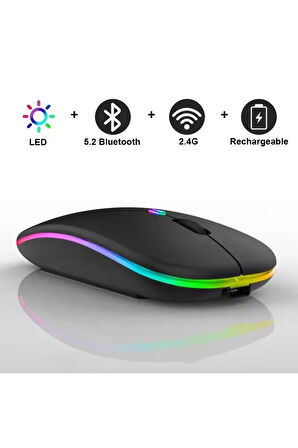 Şarjlı Kablosuz Mouse Bluetooth\2.4ghz RGB Işıklı Sessiz Tıklama Tablet Telefon Bilgisayar Uyumlu